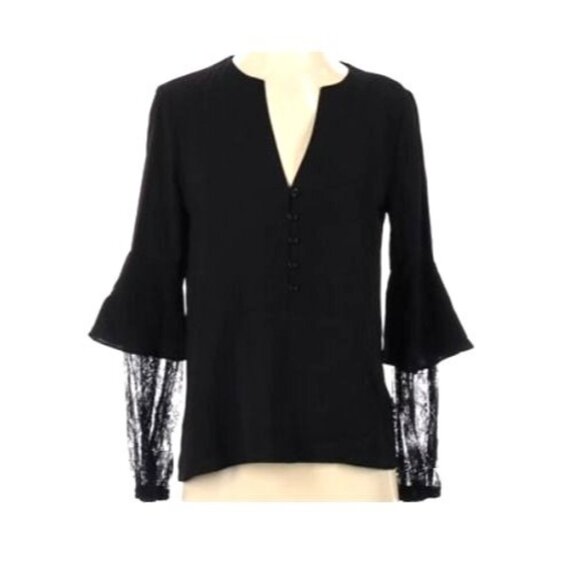 ⭐Avec Les Filles Sz M black boho blouse lace sleeves V-neck 3/4 Button Down New⭐ - Picture 1 of 8